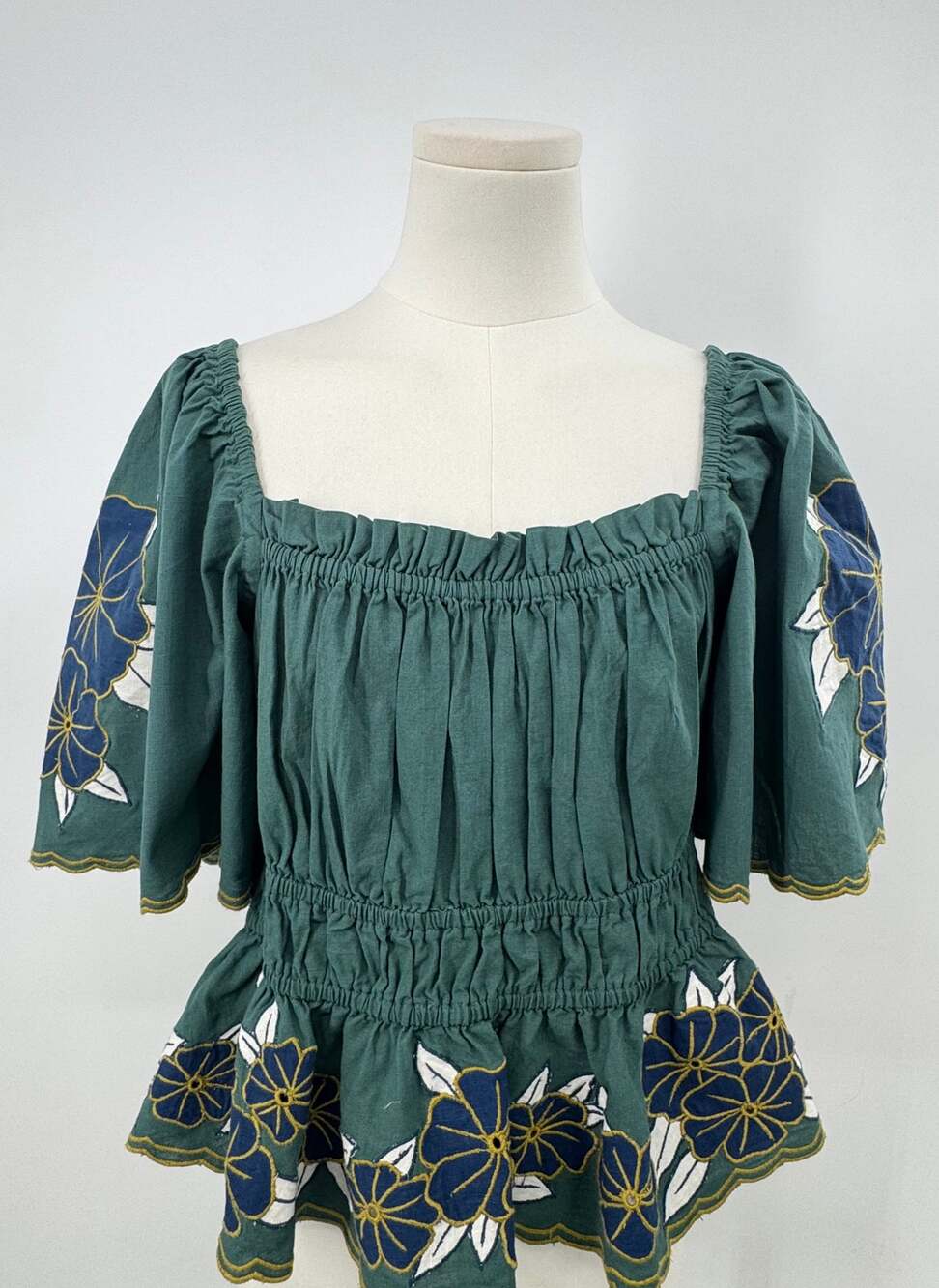 The Great. Wanderlust Top Teal Green Embroidered Boho Smocked Blouse 3 L NWT